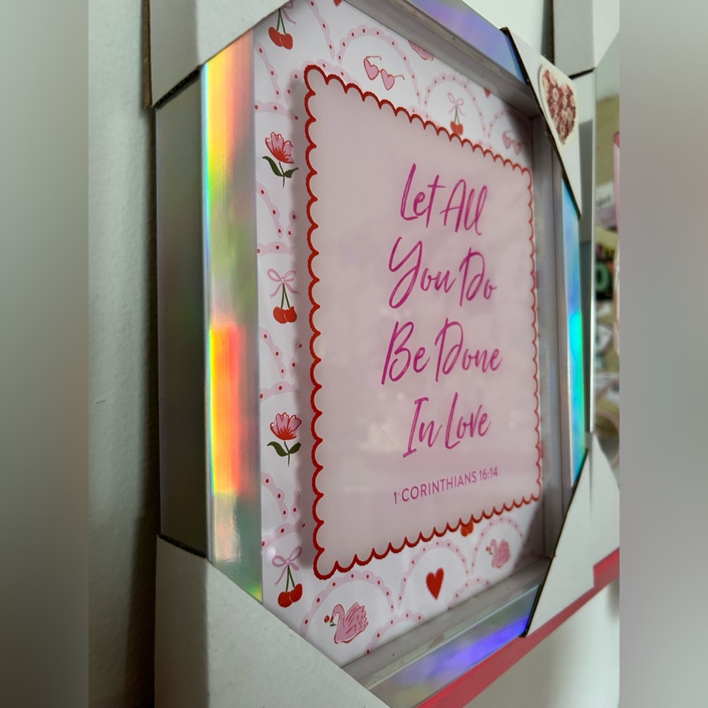 Pink Hearts Cherries Swan Framed Wall Glass Art Let All You Do Be Done In Love - Picture 2 of 2